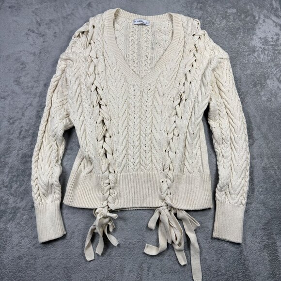 Zara Cream Cable Knit Sweater Lace Up Ribbon Detail Long Sleeve Chunky Preppy S - Picture 3 of 9